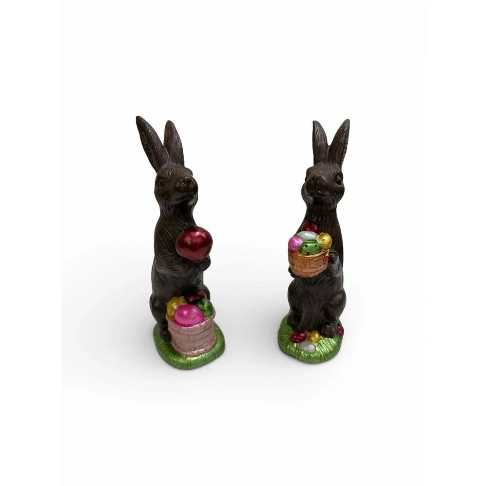 Set of 2 Easter Bunny Figurines Holding Colorful Eggs Spring Decor Rabbit Statue